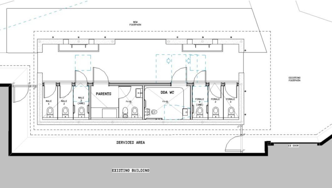 An architectural plan of the amenities block